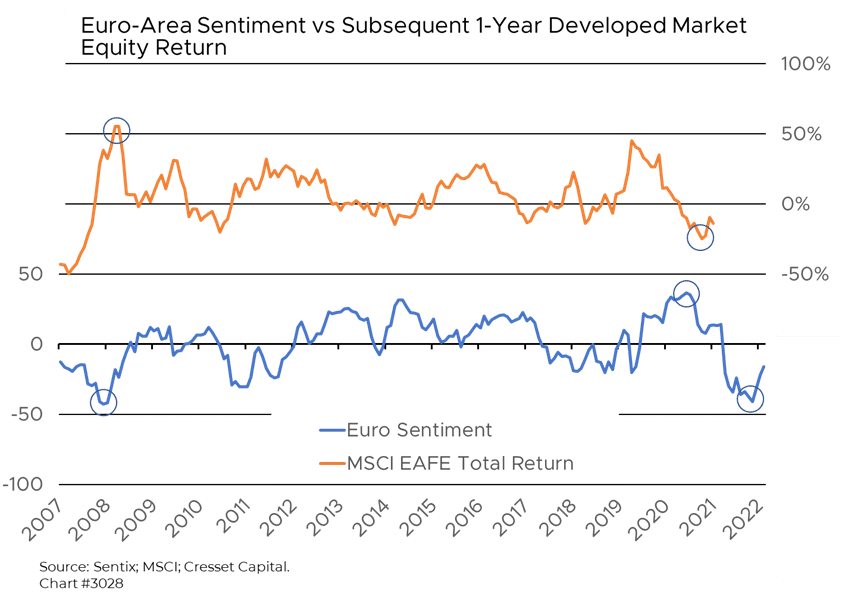 Euro Area Sentiment vs Subsequent 1 Year Developed Market Equity Return chart