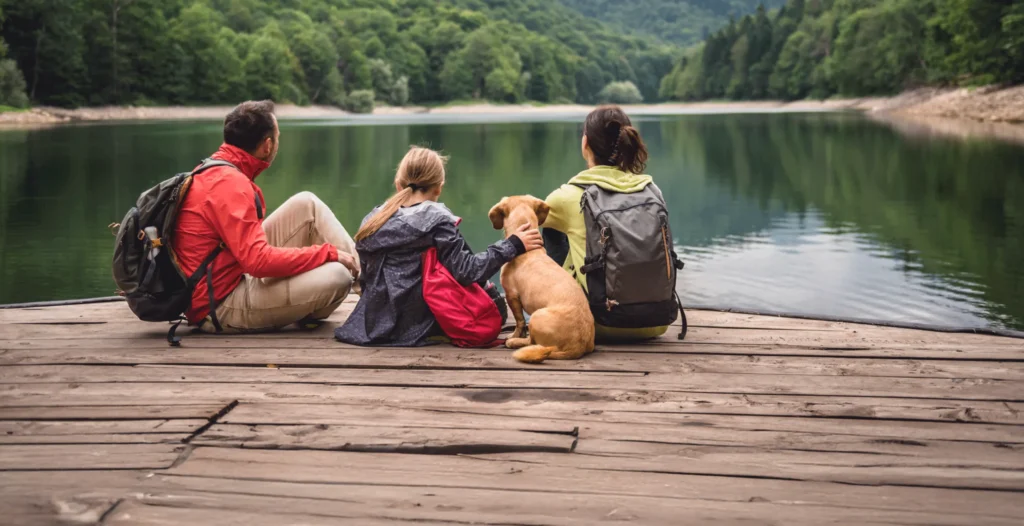 A family sitting together on a deck and looking at the lake in front of them